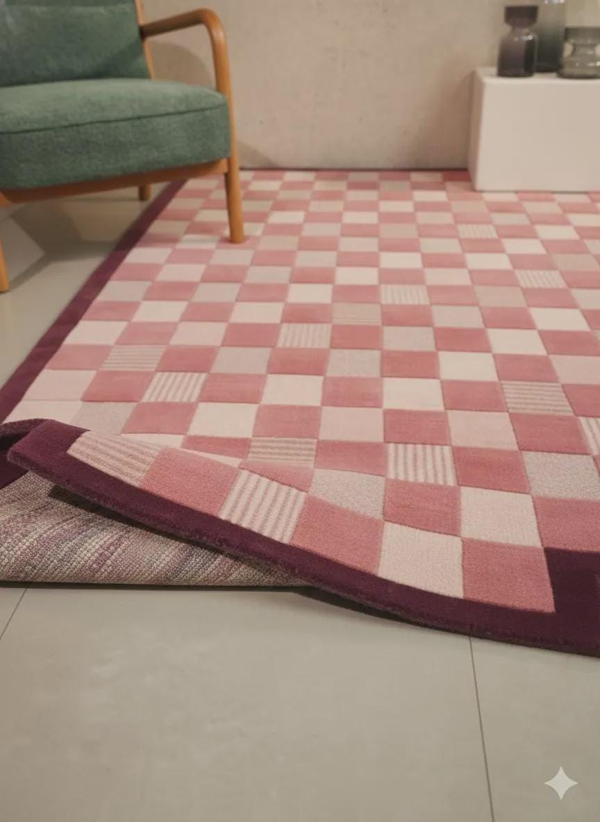 Hand Tufted Wool Rug | Pink Checkerboard Area Rug | Modern Geometric Rug with Stepped Border | Contemporary Home Decor