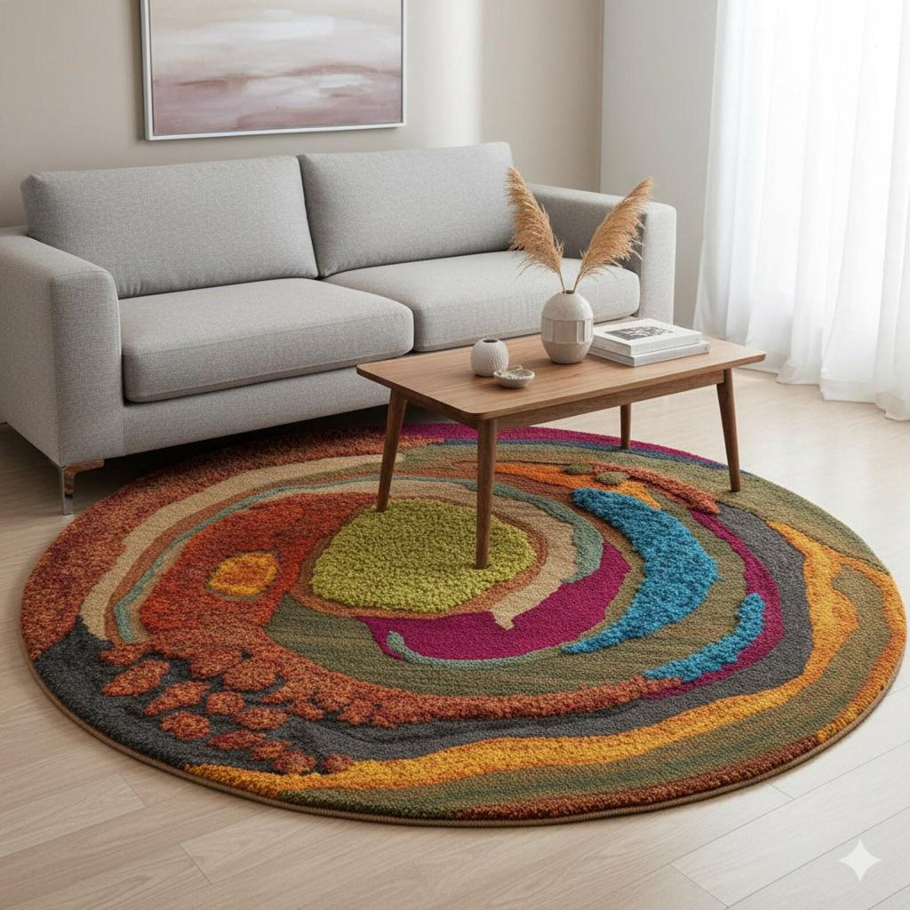 Abstract Ocean Hand Tufted Round Rug – Modern Coastal Wool Area Rug, Artistic Sea Inspired Decor