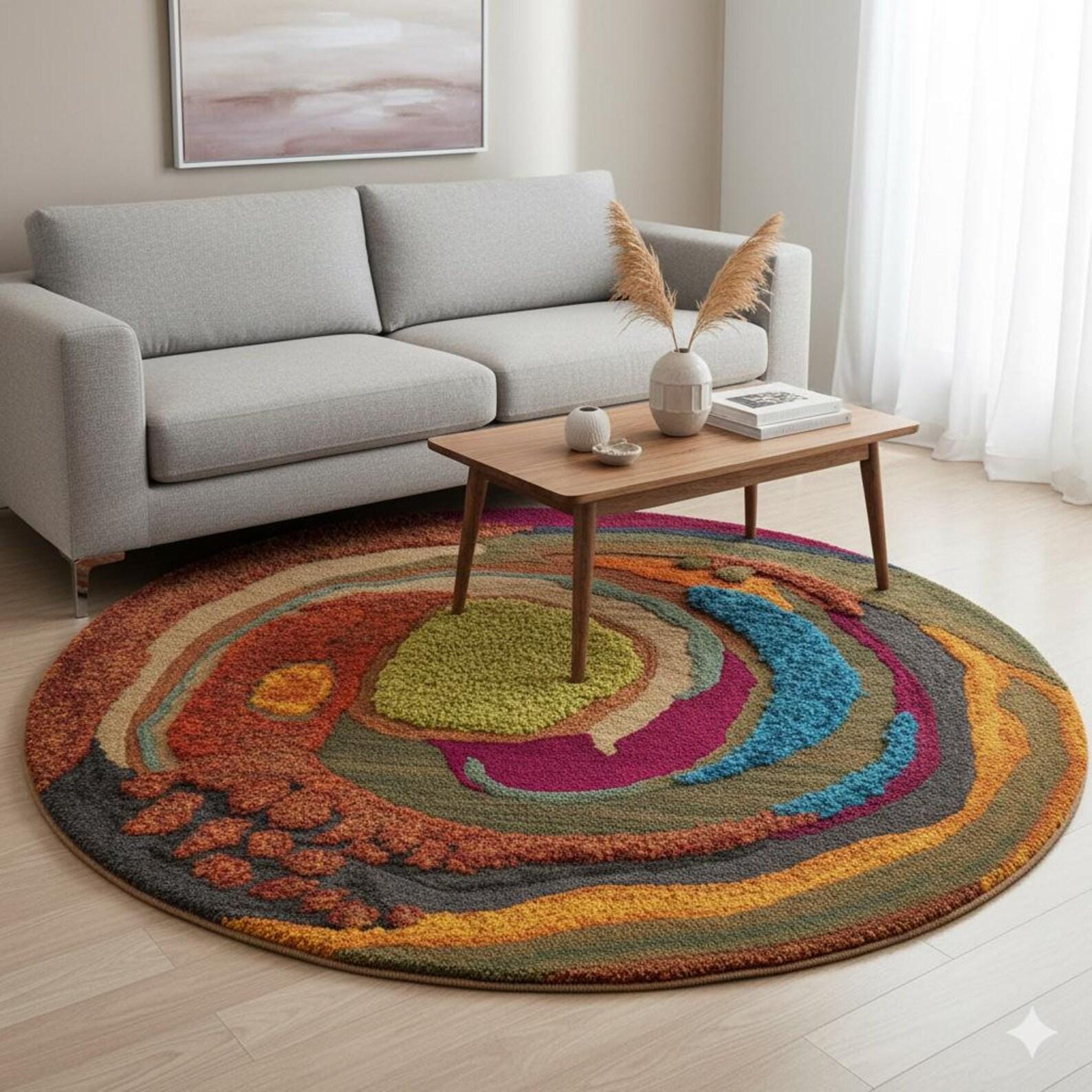 Abstract Ocean Hand Tufted Round Rug – Modern Coastal Wool Area Rug, Artistic Sea Inspired Decor