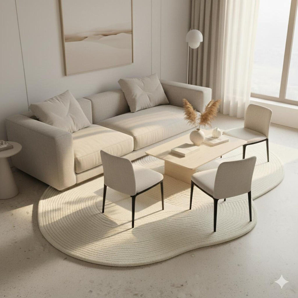 Abstract Ivory Tufted Area Rug | Modern Minimal Sculpted Floor Carpet | Contemporary Designer Organic Shape Rug for Living Room & Bedroom