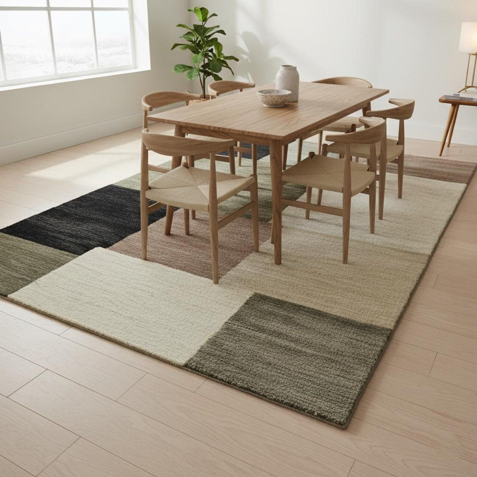 Hand-Tufted Wool Area Rug – Modern Geometric Color Block Design, 9x12 Neutral Contemporary Carpet | Minimal Home Decor