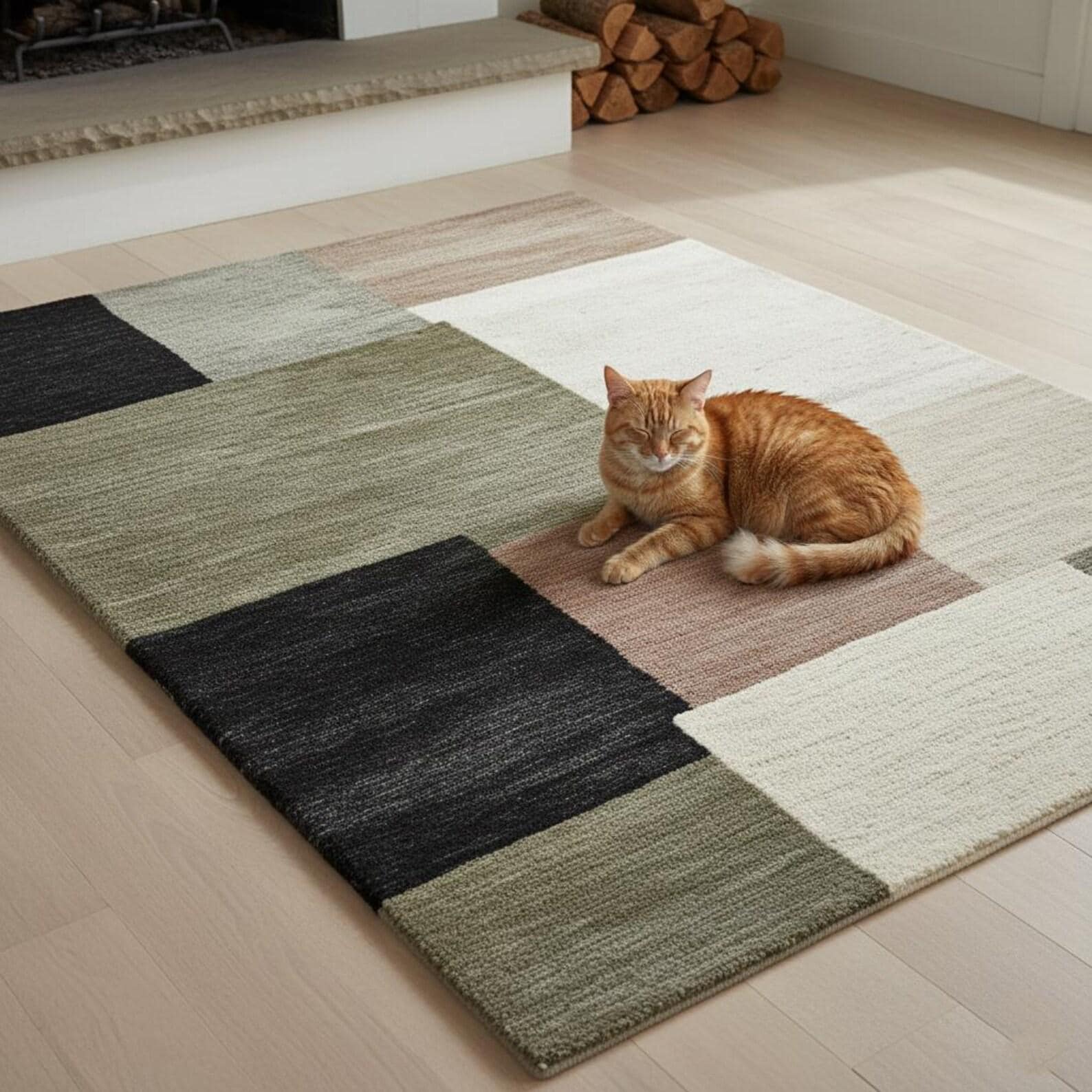 Hand-Tufted Wool Area Rug – Modern Geometric Color Block Design, 9x12 Neutral Contemporary Carpet | Minimal Home Decor