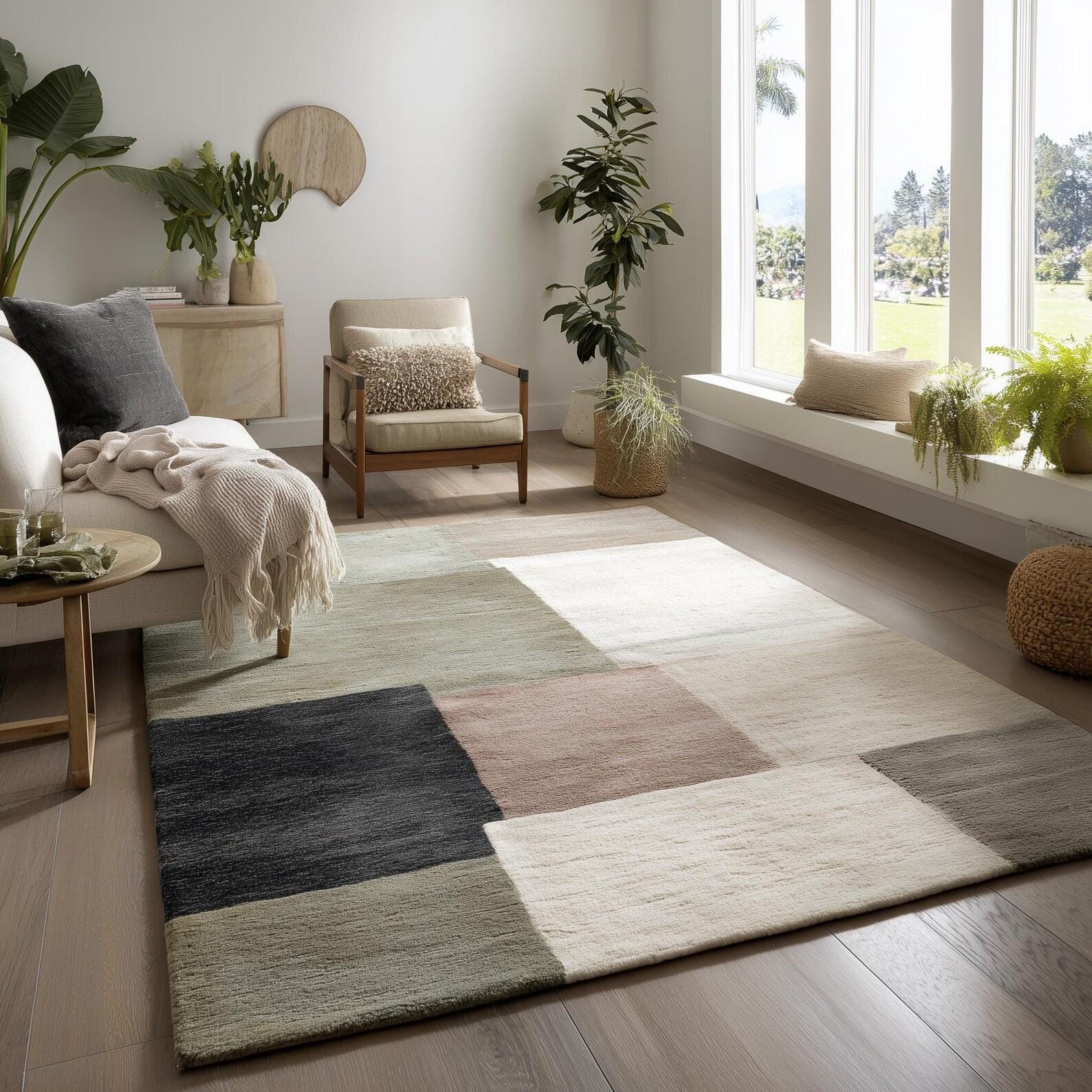 Hand-Tufted Wool Area Rug – Modern Geometric Color Block Design, 9x12 Neutral Contemporary Carpet | Minimal Home Decor