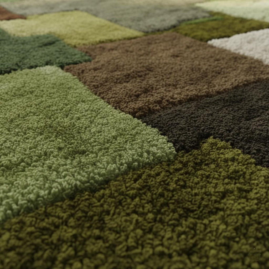 Geometric Patchwork Rug: Green & Brown Tufted Earth Tone Decor Teppich | Floor Rug