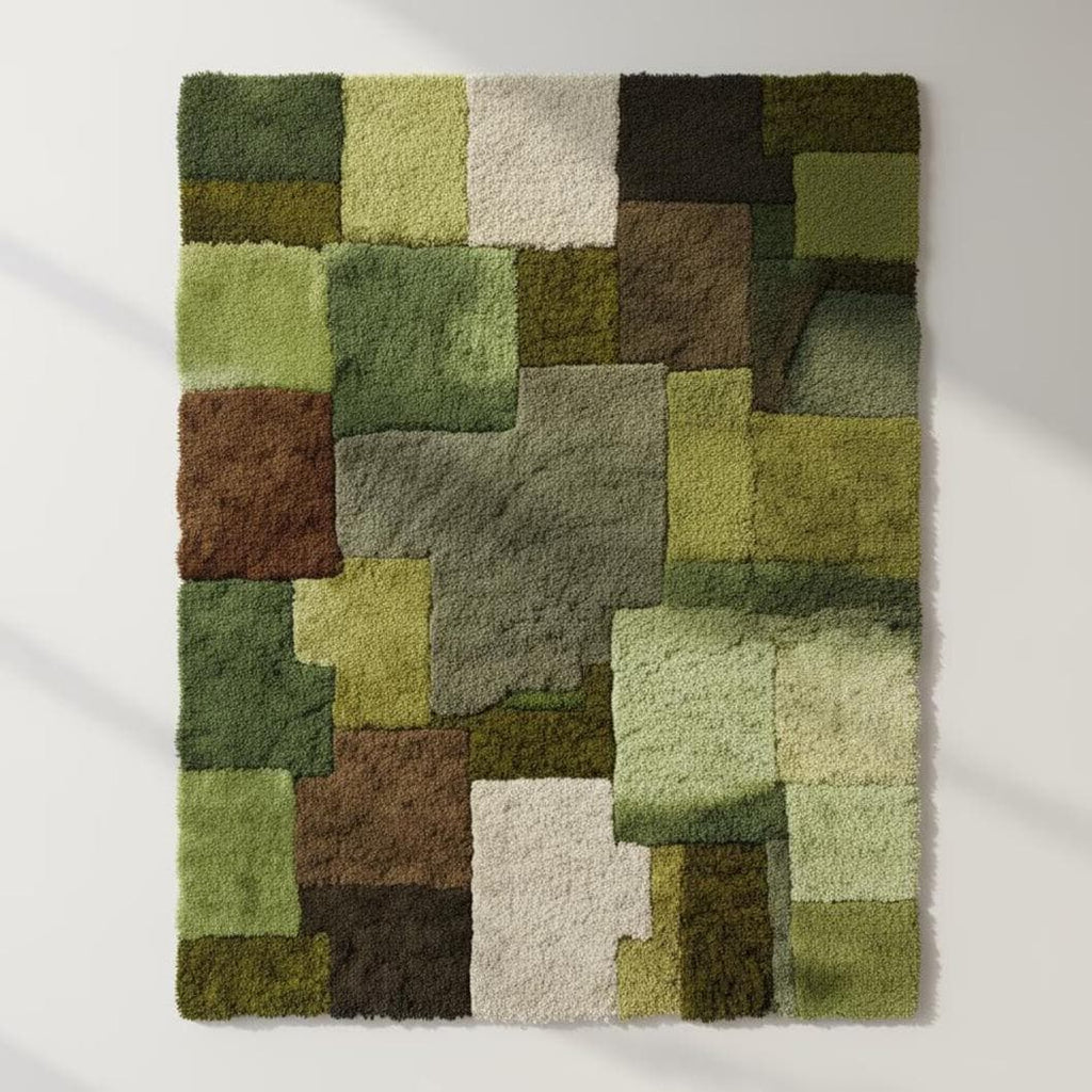 Geometric Patchwork Rug: Green & Brown Tufted Earth Tone Decor Teppich | Floor Rug