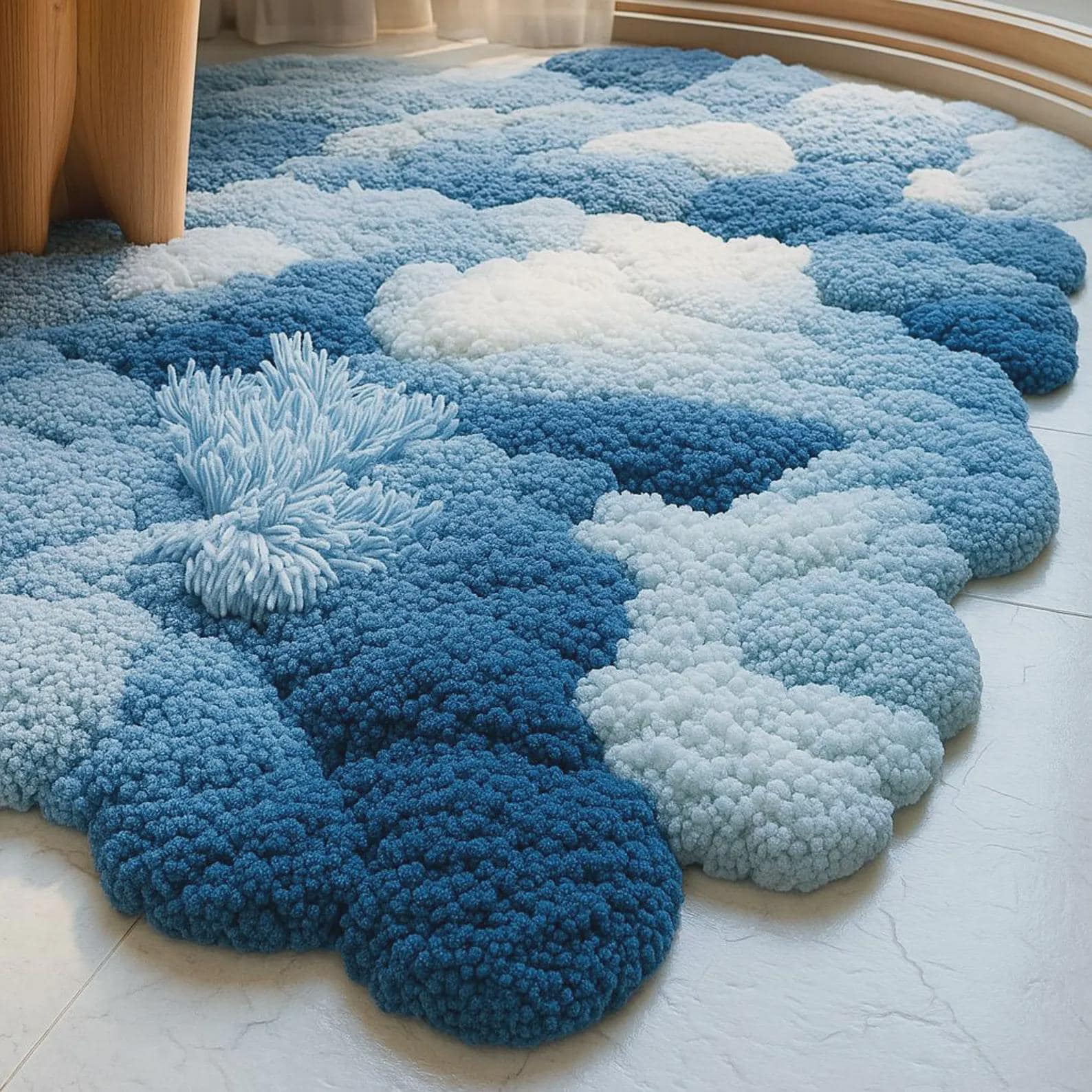 Blue Cloud Moss Rug, Fluffy Handmade Wool Felt Carpet, 3D Bubble Floor Mat, Cozy Bedroom Rug, Soft Home Decor