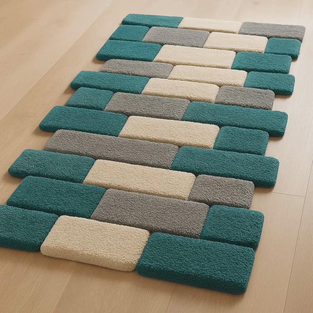 Hand Tufted Geometric Rug | Modern Block Pattern Runner | Teal Gray & Cream Wool Rug | Contemporary Hallway Carpet | Minimal Home Decor