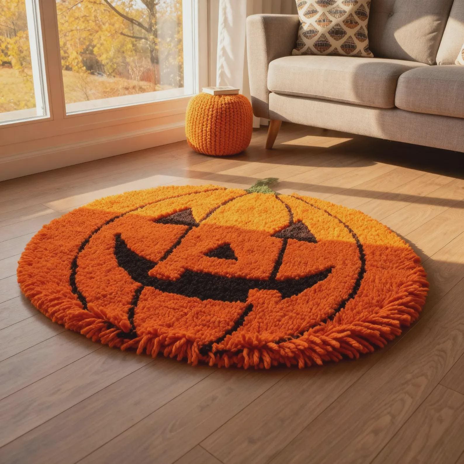 Hand Tufted Pumpkin Rug, Halloween Round Rug, Fall Decor Area Rug, Cozy Autumn Home Decor