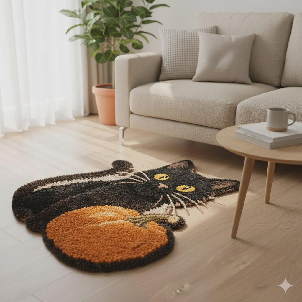 Hand Tufted Black Cat Pumpkin Rug, Halloween Cat Area Rug, Fall Decor Rug, Cute Spooky Home Decor