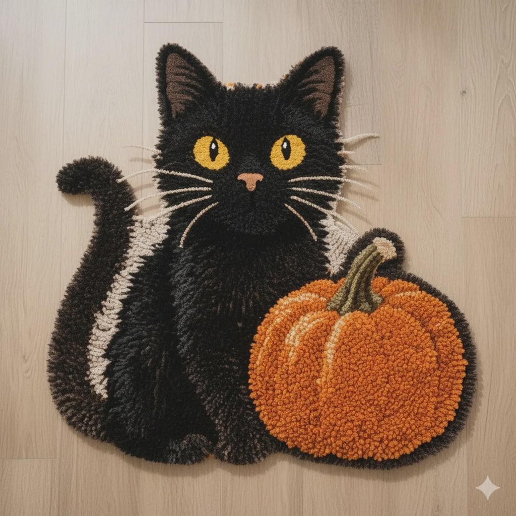 Hand Tufted Black Cat Pumpkin Rug, Halloween Cat Area Rug, Fall Decor Rug, Cute Spooky Home Decor
