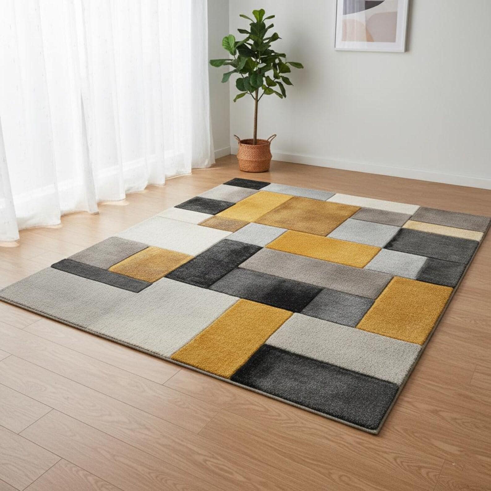 Geometric Abstract Hand Tufted Rug | Modern Block Pattern Area Rug | Mustard Yellow & Grey Contemporary Carpet | Handmade Floor Rug