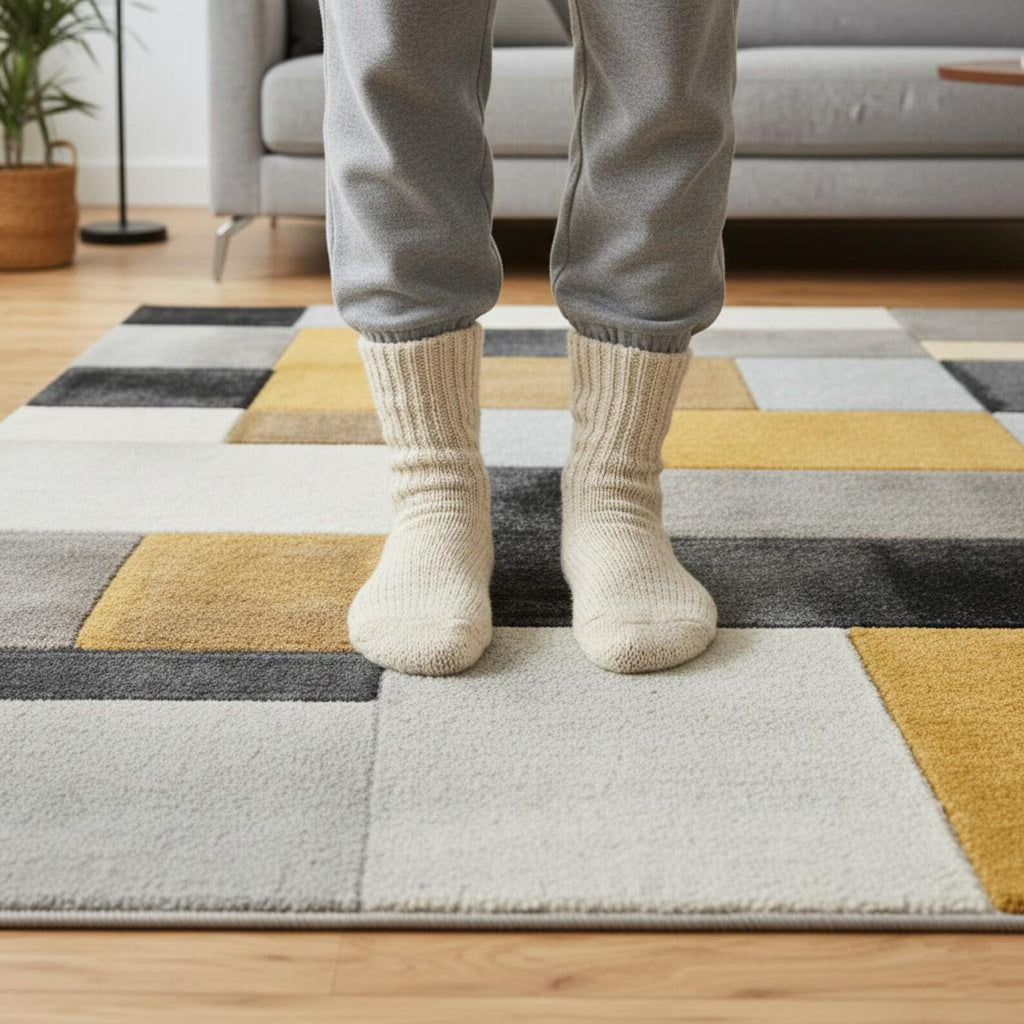 Geometric Abstract Hand Tufted Rug | Modern Block Pattern Area Rug | Mustard Yellow & Grey Contemporary Carpet | Handmade Floor Rug
