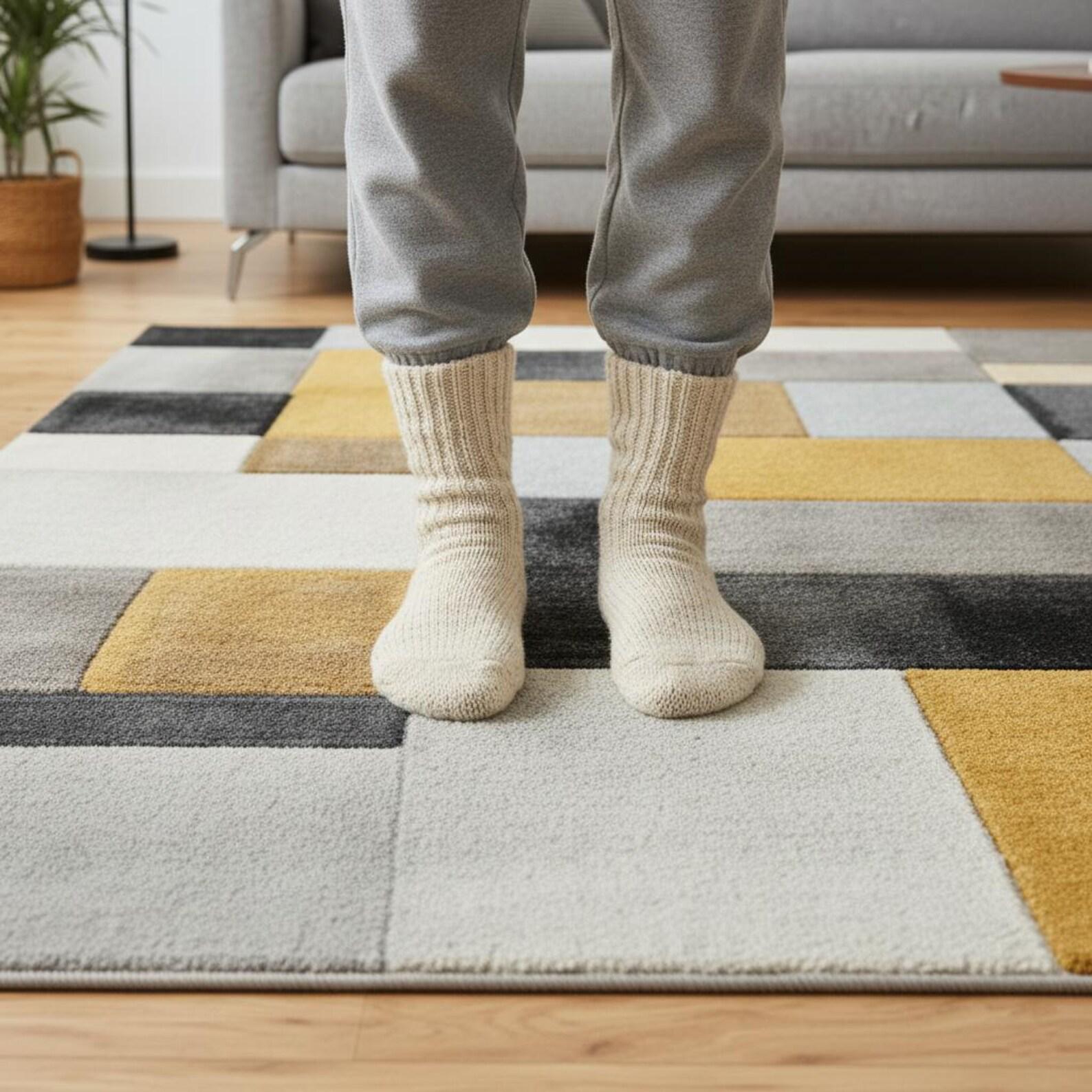 Geometric Abstract Hand Tufted Rug | Modern Block Pattern Area Rug | Mustard Yellow & Grey Contemporary Carpet | Handmade Floor Rug