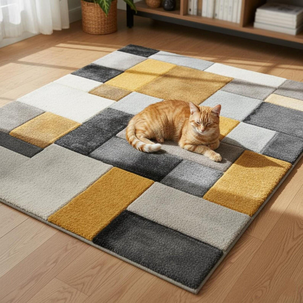 Geometric Abstract Hand Tufted Rug | Modern Block Pattern Area Rug | Mustard Yellow & Grey Contemporary Carpet | Handmade Floor Rug