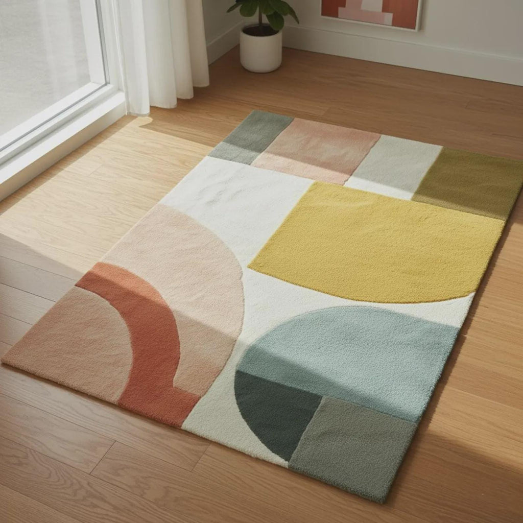 Geometric Abstract Hand Tufted Rug | Modern Block Pattern Area Rug | Contemporary Carpet | Handmade Floor Rug
