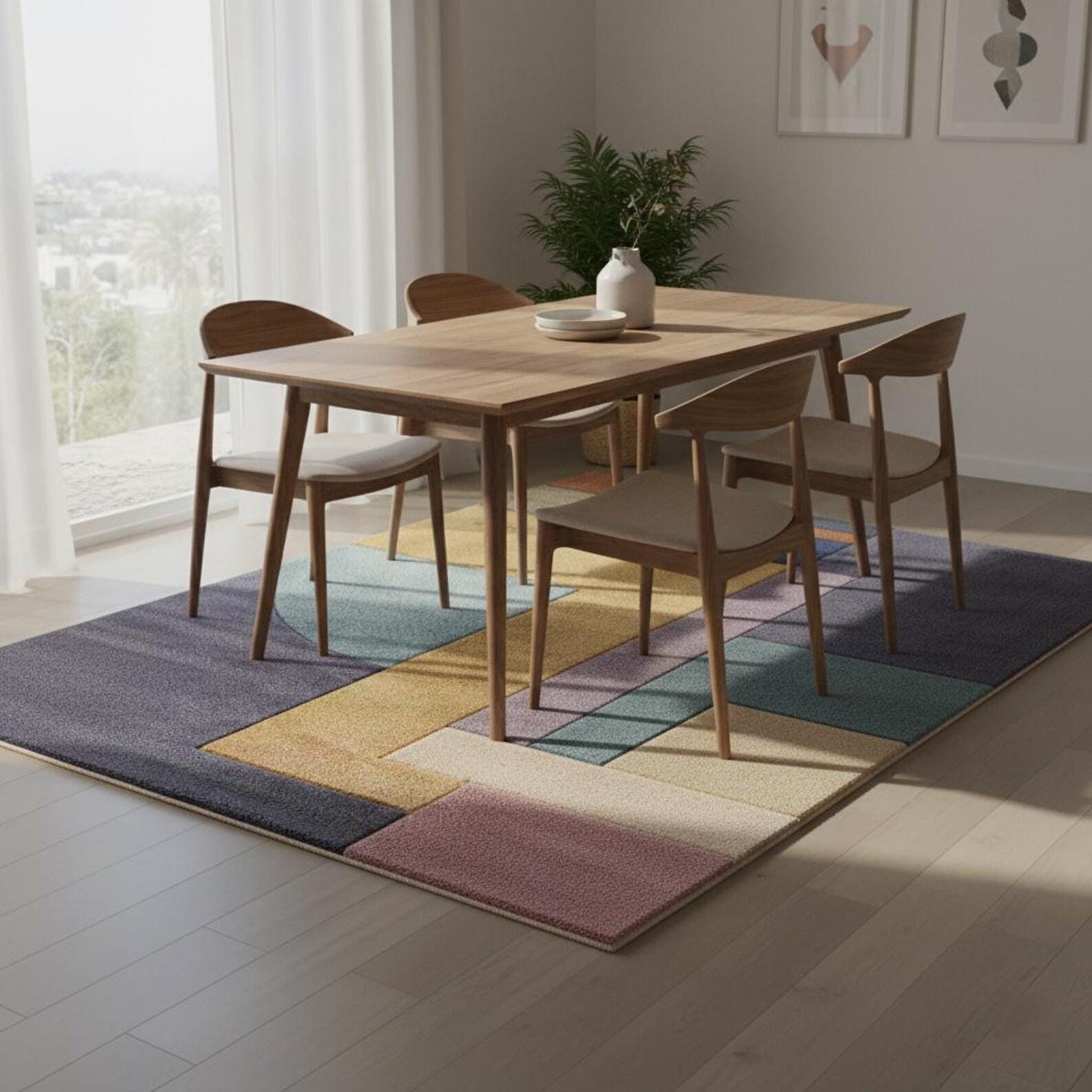Colorful Geometric Abstract Area Rug – Modern Colorful Patchwork Wool Carpet for Contemporary Living Spaces | Floor Rug