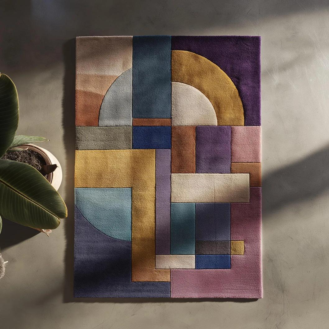Colorful Geometric Abstract Area Rug – Modern Colorful Patchwork Wool Carpet for Contemporary Living Spaces | Floor Rug