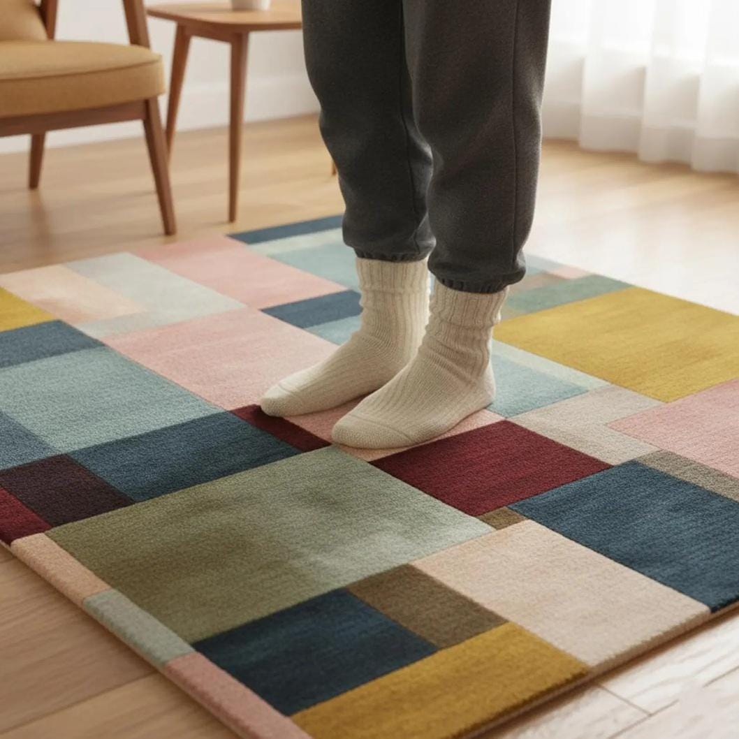 Hand-Tufted Wool Area Rug – Modern Geometric Patchwork Design, Soft Neutral Contemporary Living Room Rug
