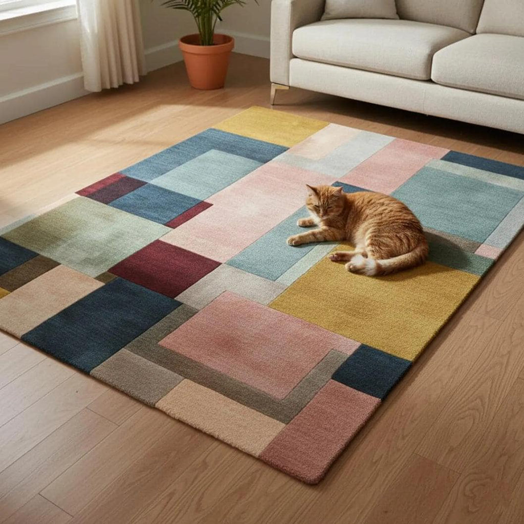 Hand-Tufted Wool Area Rug – Modern Geometric Patchwork Design, Soft Neutral Contemporary Living Room Rug