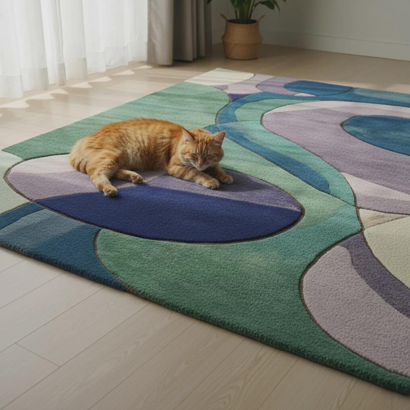 Abstract Modern Wool Rug – Hand-Tufted Art Rug with Green, Purple & Blue Shapes – Contemporary Living Room Area Carpet – Designer Rug