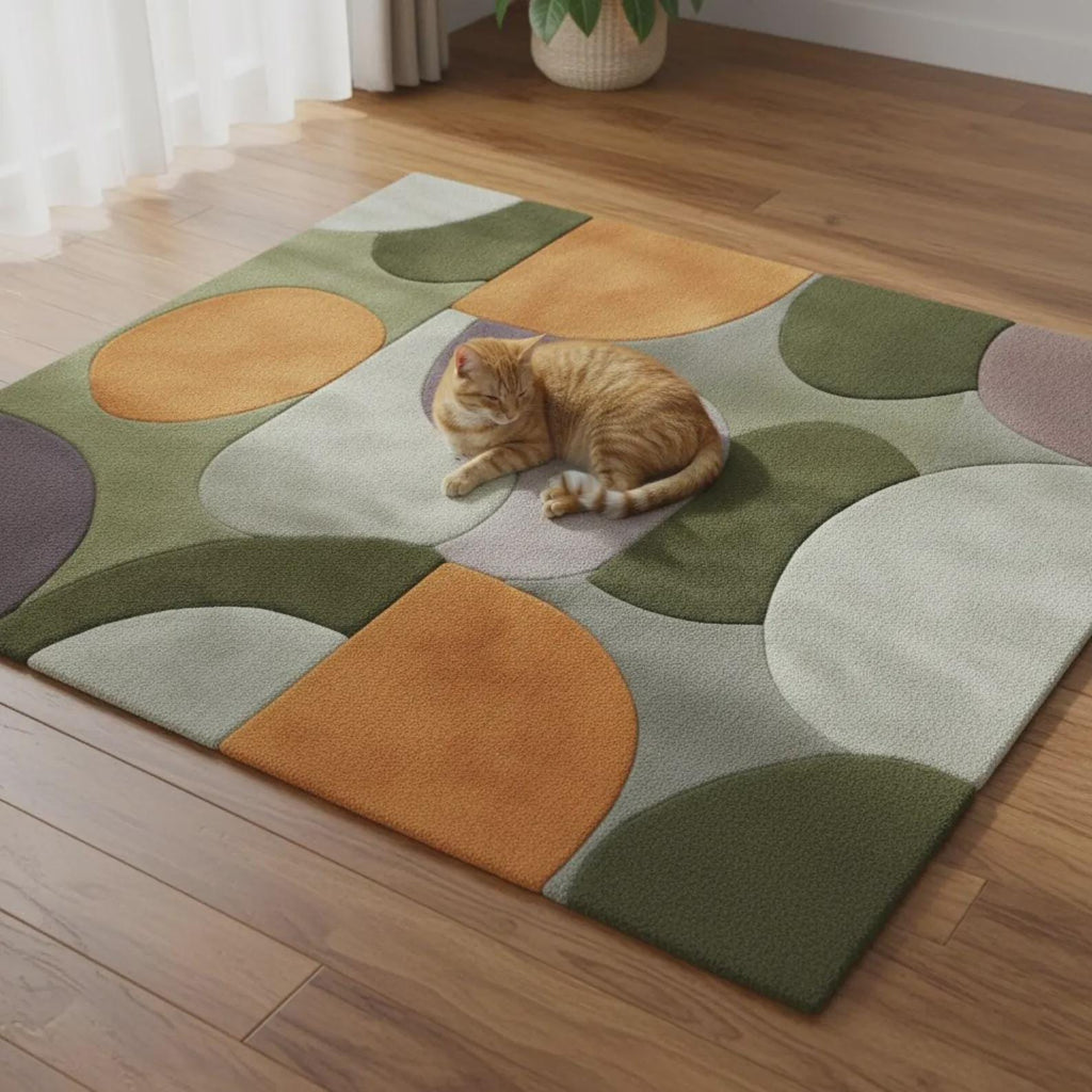 Geometric Color-Block Area Rug: Mid-Century Modern, Olive, Orange & Plum Teppich– Contemporary Living Room Area Carpet – Designer Rug