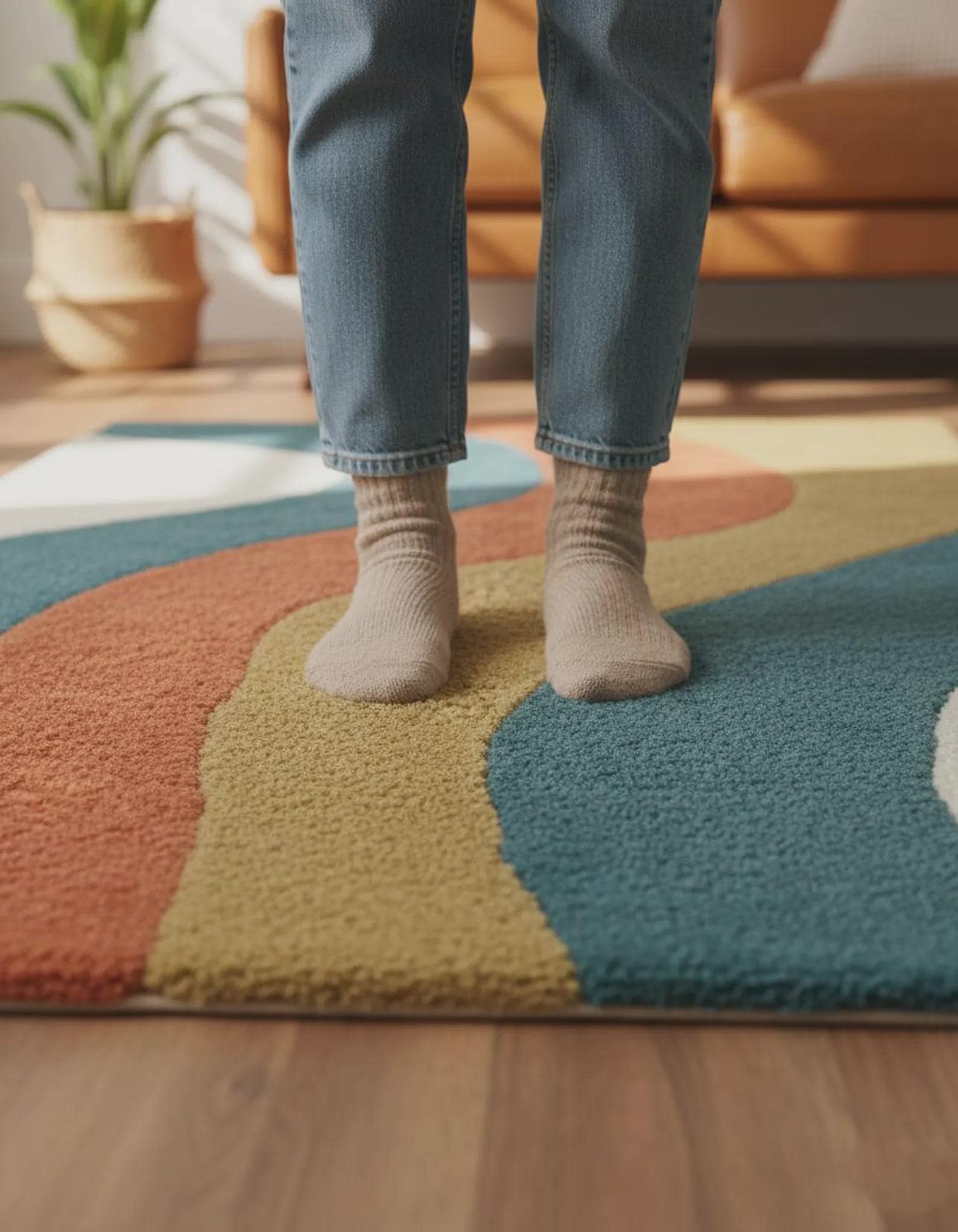 Retro Wavy Rug: Teal, Rust & Mustard Abstract Color-Block Teppich Rug