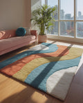Retro Wavy Rug: Teal, Rust & Mustard Abstract Color-Block Teppich Rug