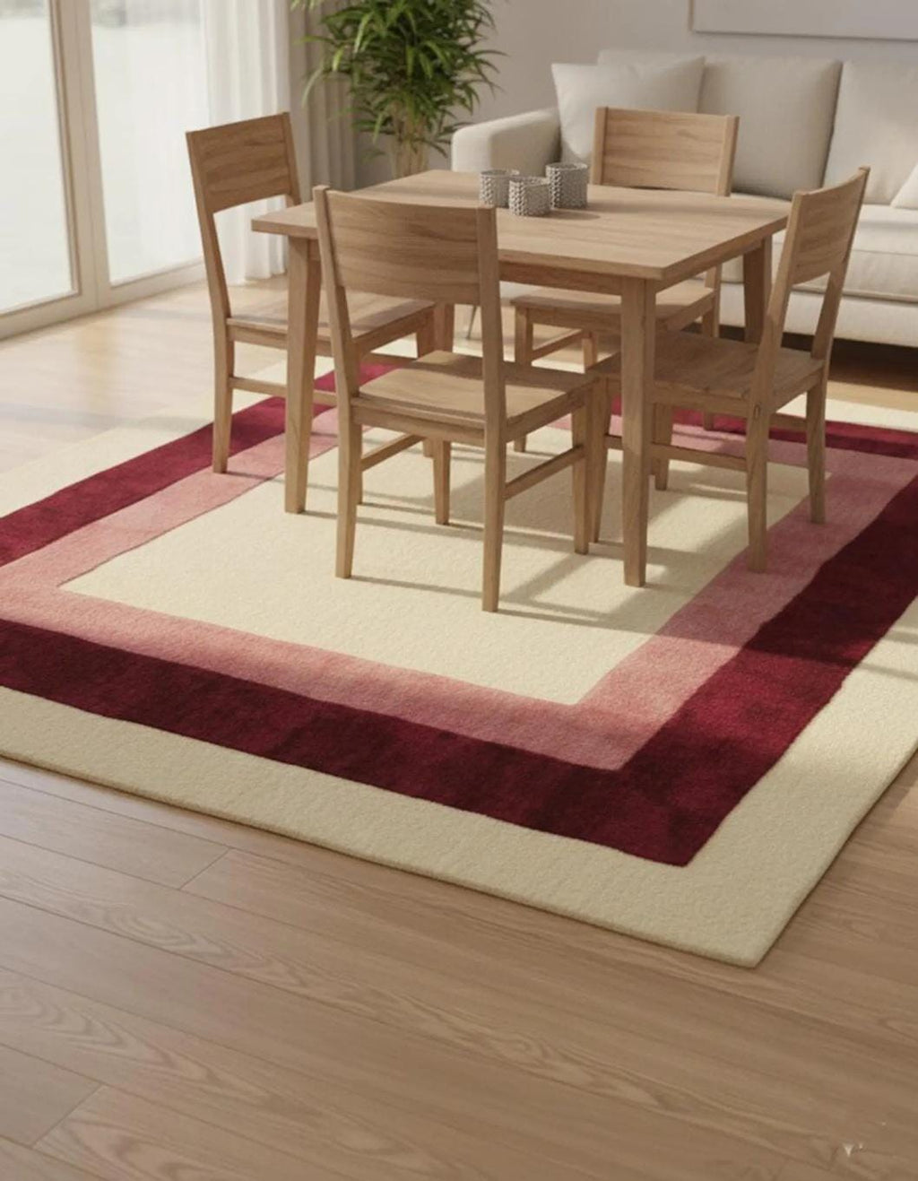 Geometric Border Area Rug: Cream, Blush & Burgundy Color-Block Design- Colorful Designer Rug