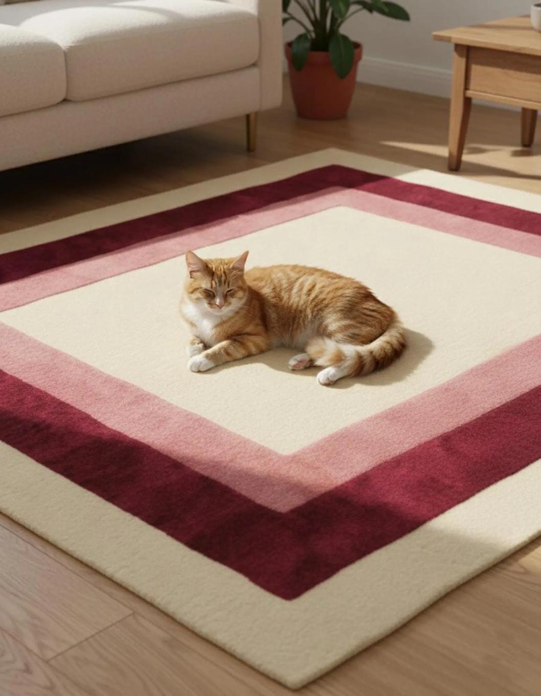 Geometric Border Area Rug: Cream, Blush & Burgundy Color-Block Design- Colorful Designer Rug