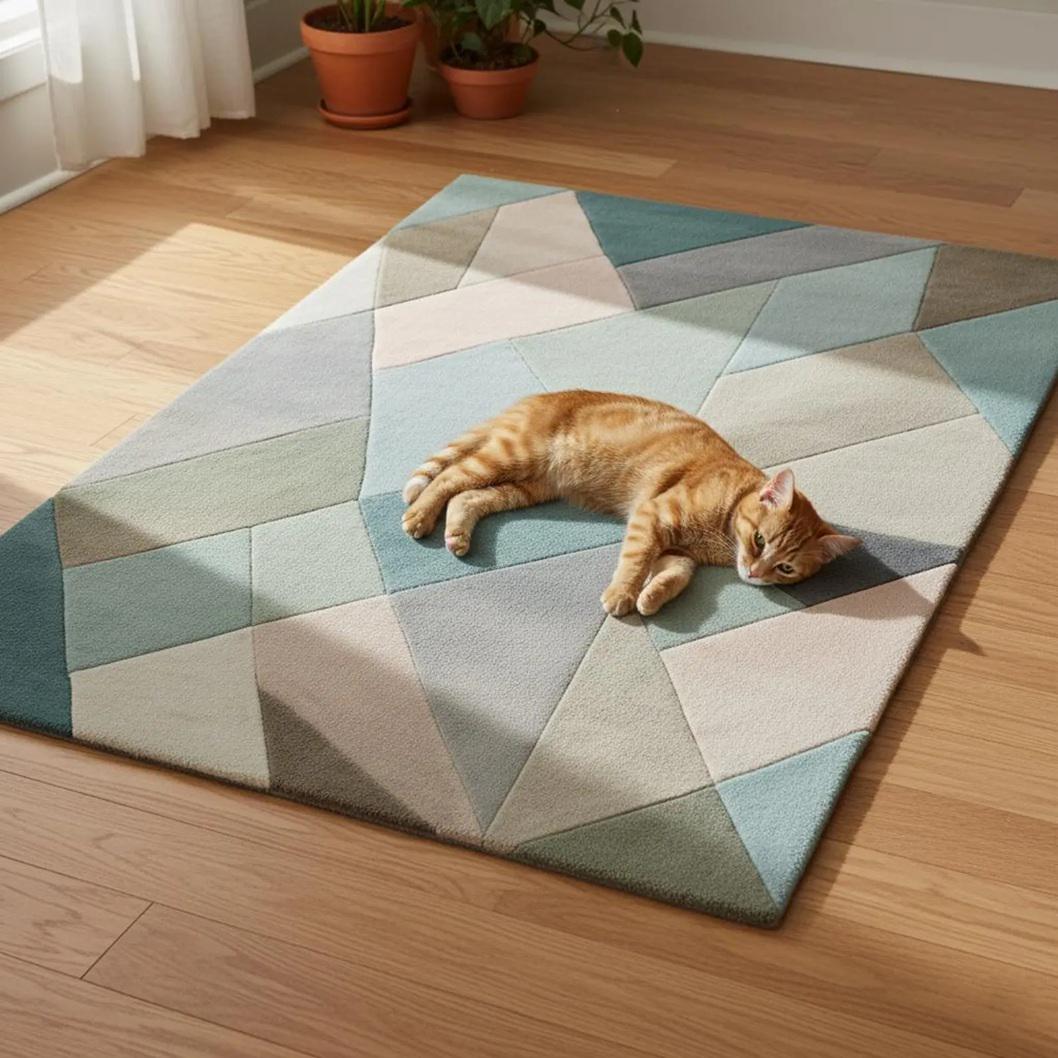Colorful Abstract Area Rug – Designer Wool Carpet for Living Room – Modern Curved Shape Pattern
