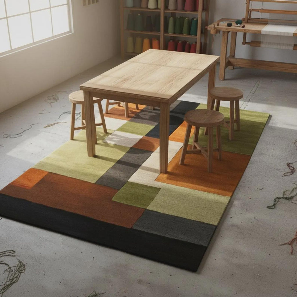 Handmade Wool Area Rug | Mid Century Modern Geometric Color Block | Contemporary Carpet