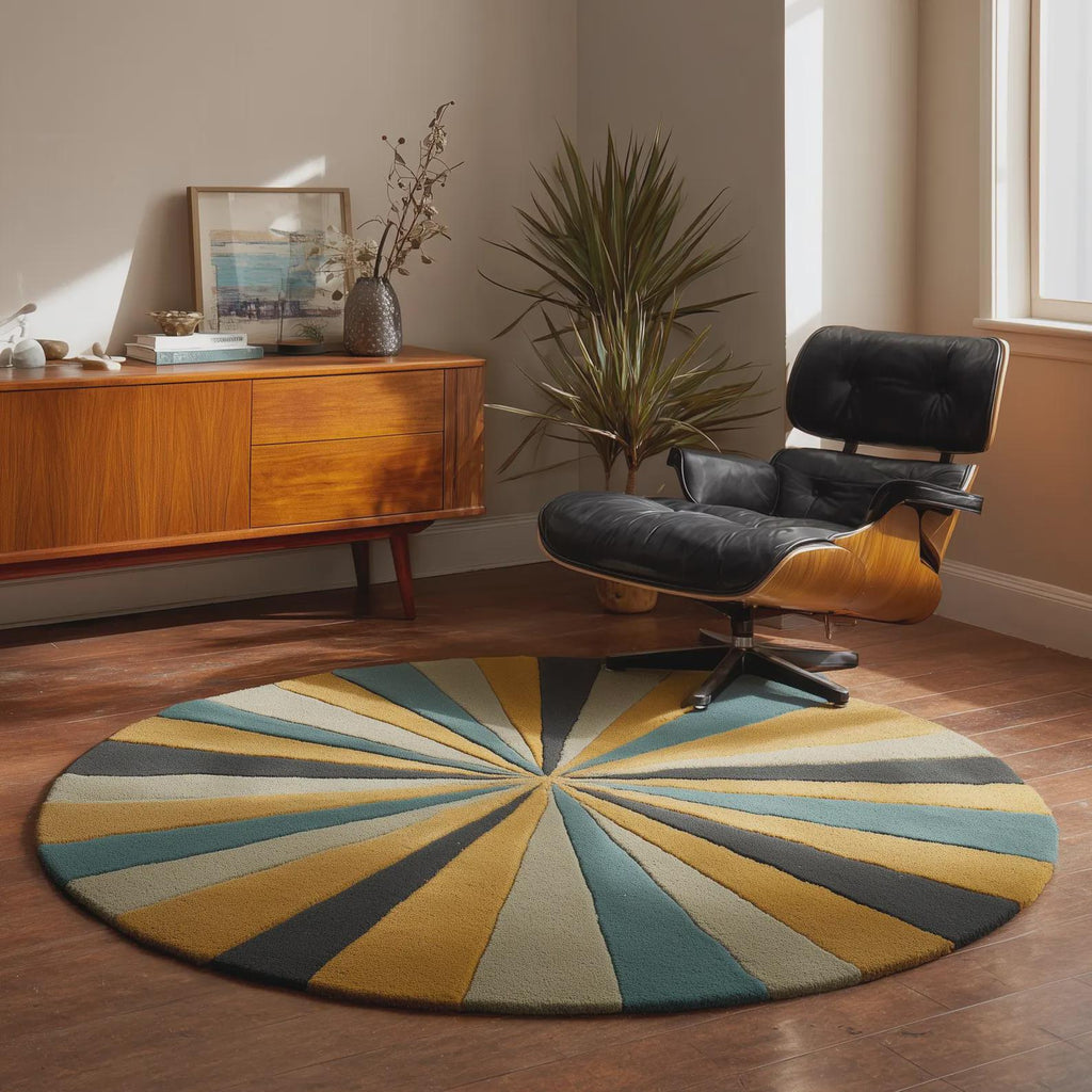 Hand Tufted Round Rug – Mid Century Modern Sunburst Area Rug, Retro Geometric Wool Carpet, Scandinavian Living Room Decor