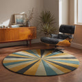 Hand Tufted Round Rug – Mid Century Modern Sunburst Area Rug, Retro Geometric Wool Carpet, Scandinavian Living Room Decor