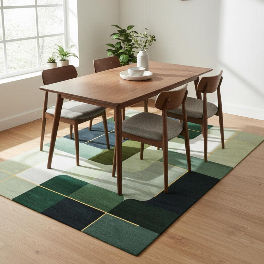 Hand Tufted Geometric Area Rug, Modern Green Wool Carpet, Mid Century Dining Room Rug, Scandinavian Contemporary Floor Rug