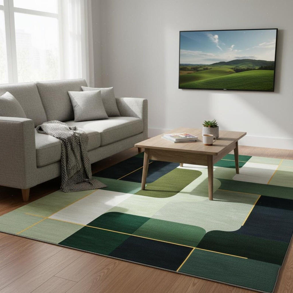 Hand Tufted Geometric Area Rug, Modern Green Wool Carpet, Mid Century Dining Room Rug, Scandinavian Contemporary Floor Rug
