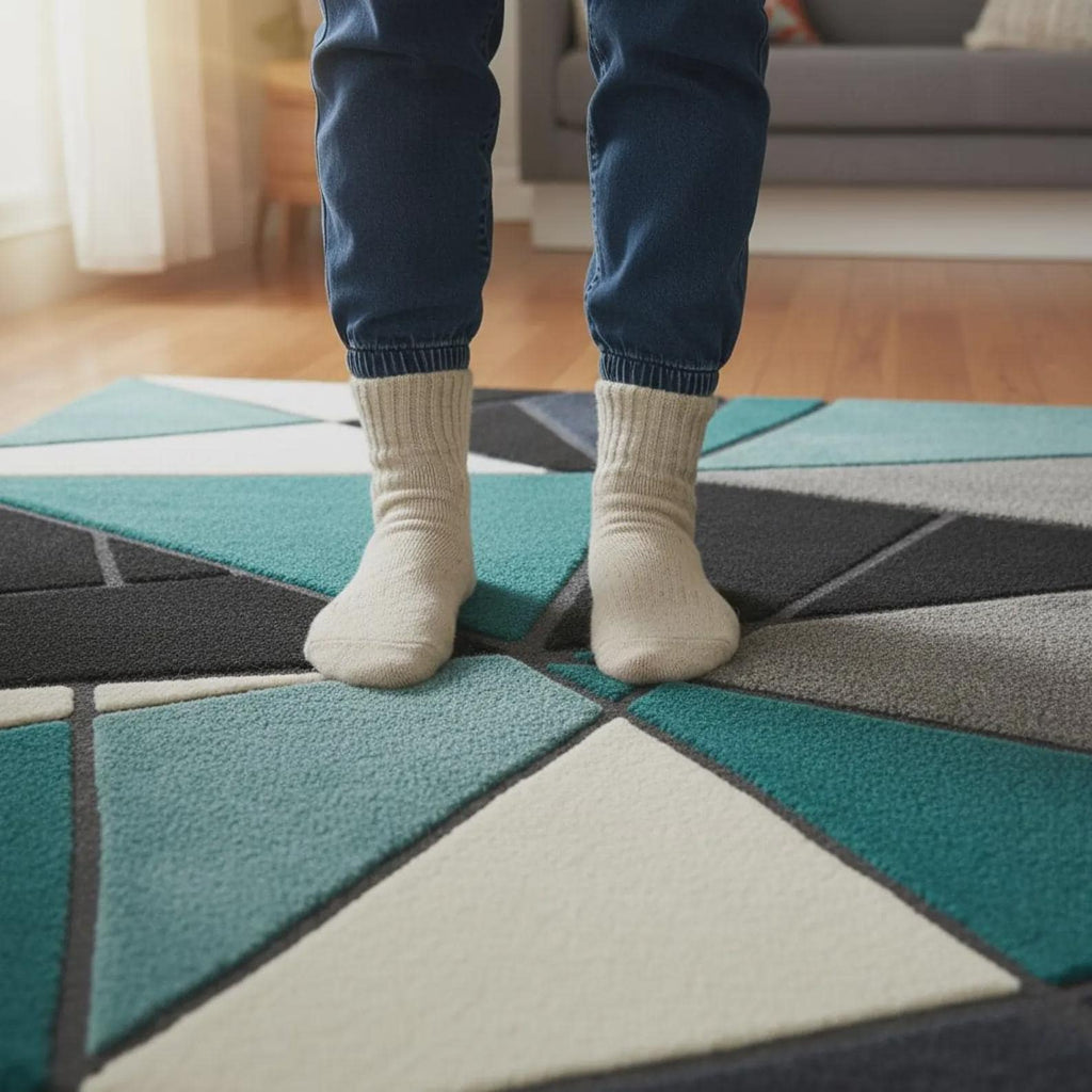 Hand Tufted Geometric Area Rug, Modern Abstract Wool Rug, Teal Black Grey Contemporary Carpet, Designer Living Room Rug