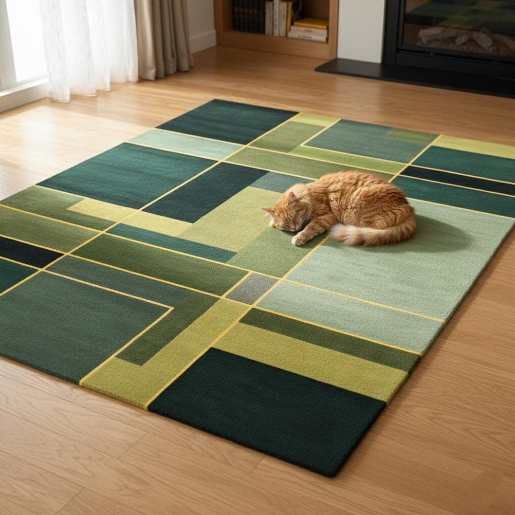 Green Geometric Area Rug – Modern Art, Teal Black Grey Contemporary Carpet, Designer Living Room Rug