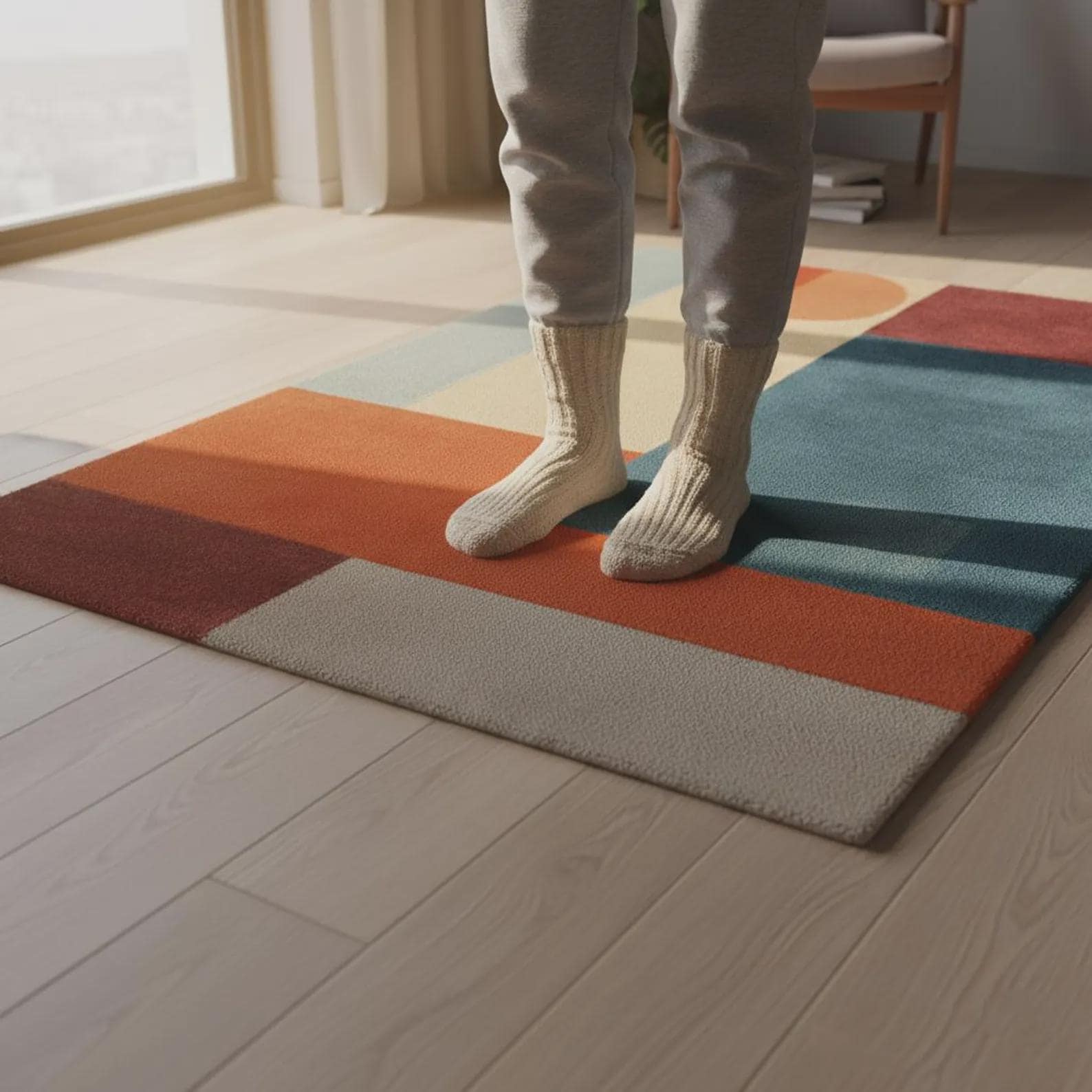 Modern Geometric Area Rug – Mid Century Abstract Carpet in Teal Orange Rust & Beige, Living Room Accent Rug, Contemporary Color Block Floor