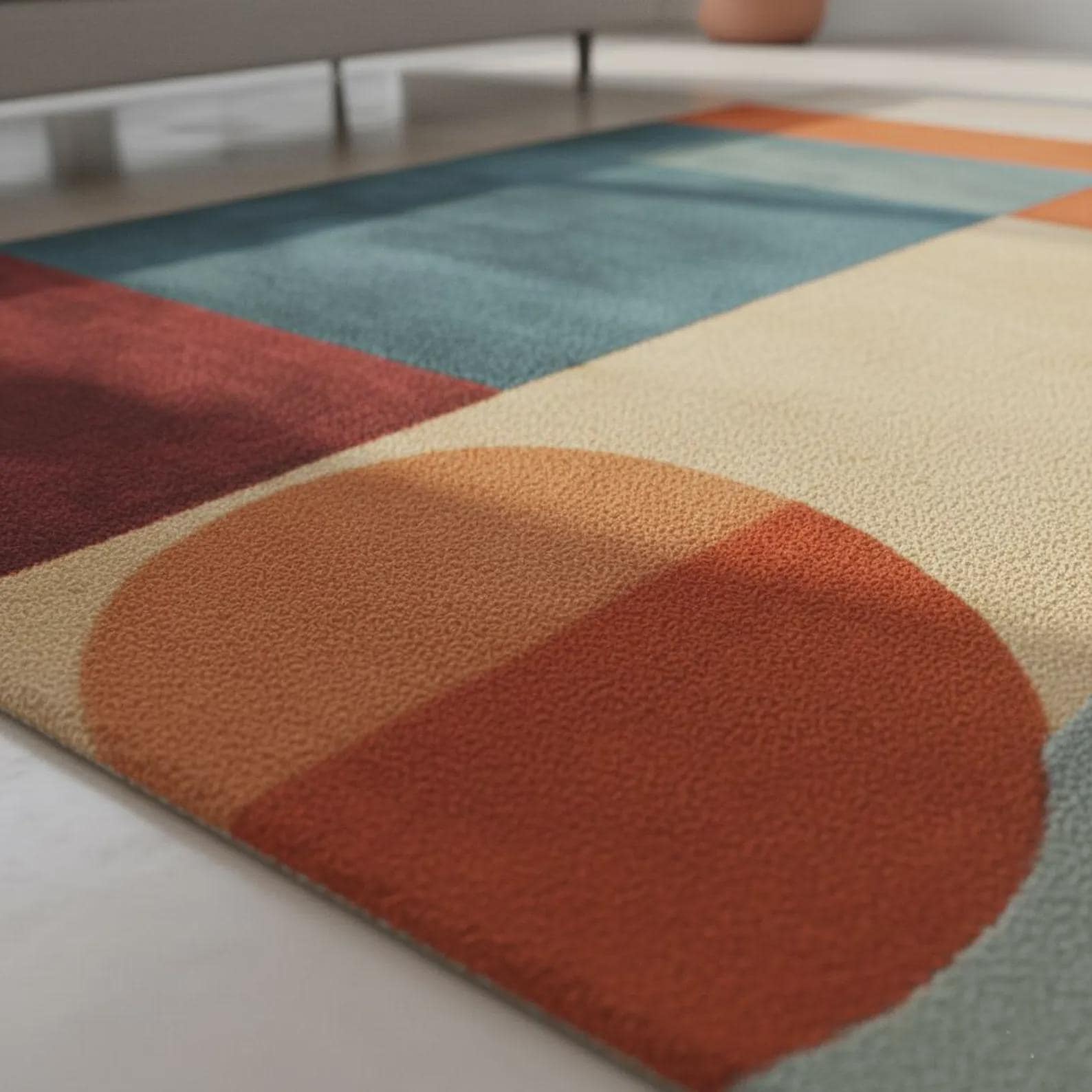 Modern Geometric Area Rug – Mid Century Abstract Carpet in Teal Orange Rust & Beige, Living Room Accent Rug, Contemporary Color Block Floor