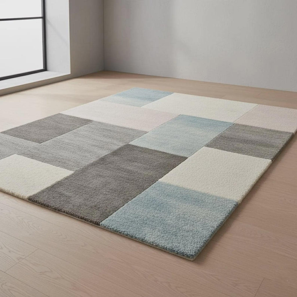 Grey Abstract Area Rug – Designer Wool Carpet for Living Room – Modern Curved Shape Pattern