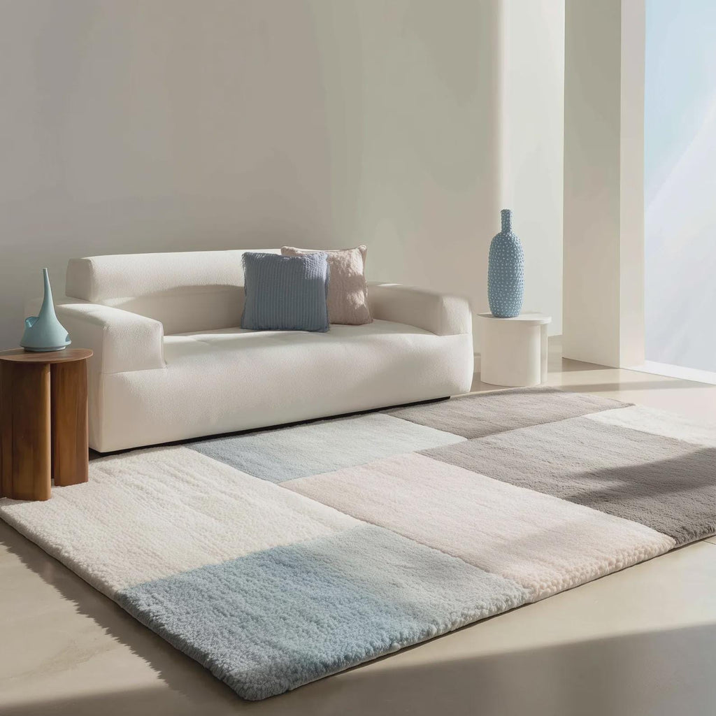 Grey Abstract Area Rug – Designer Wool Carpet for Living Room – Modern Curved Shape Pattern