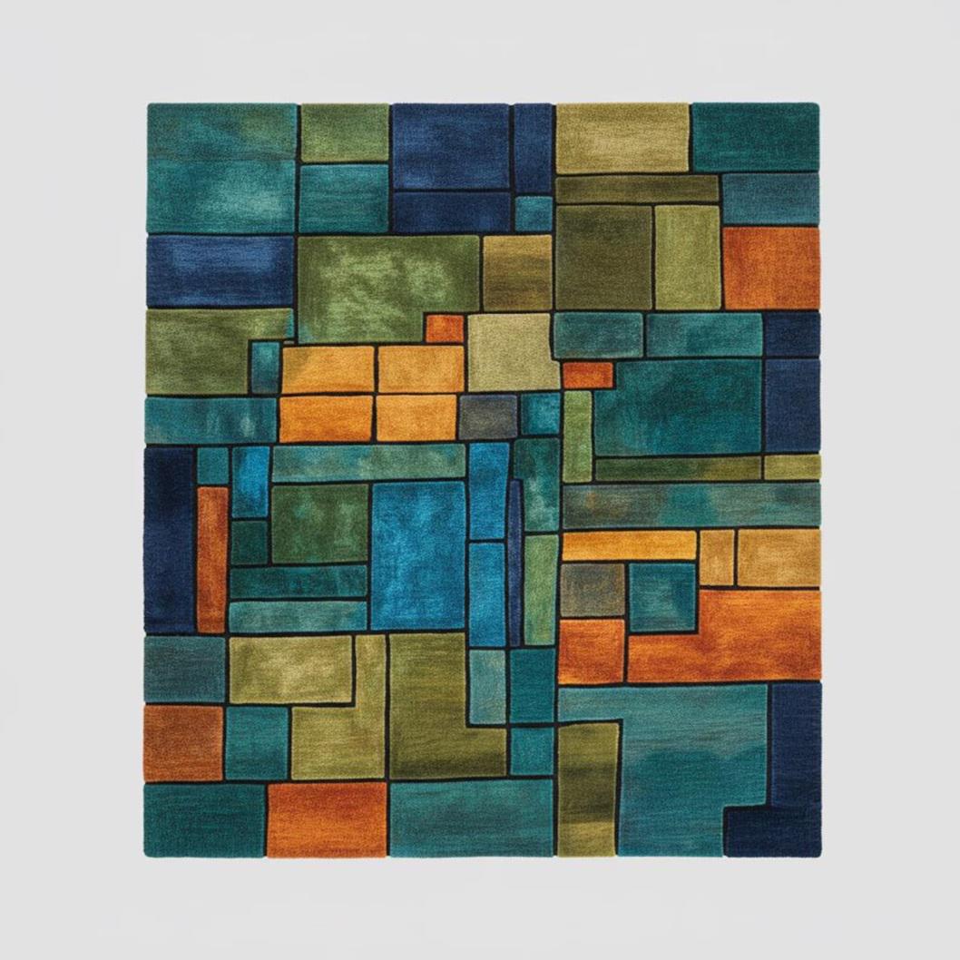 Geometric Block Rug – Teal Green Orange Modern Area Rug – Abstract Colorful Carpet Teppich
