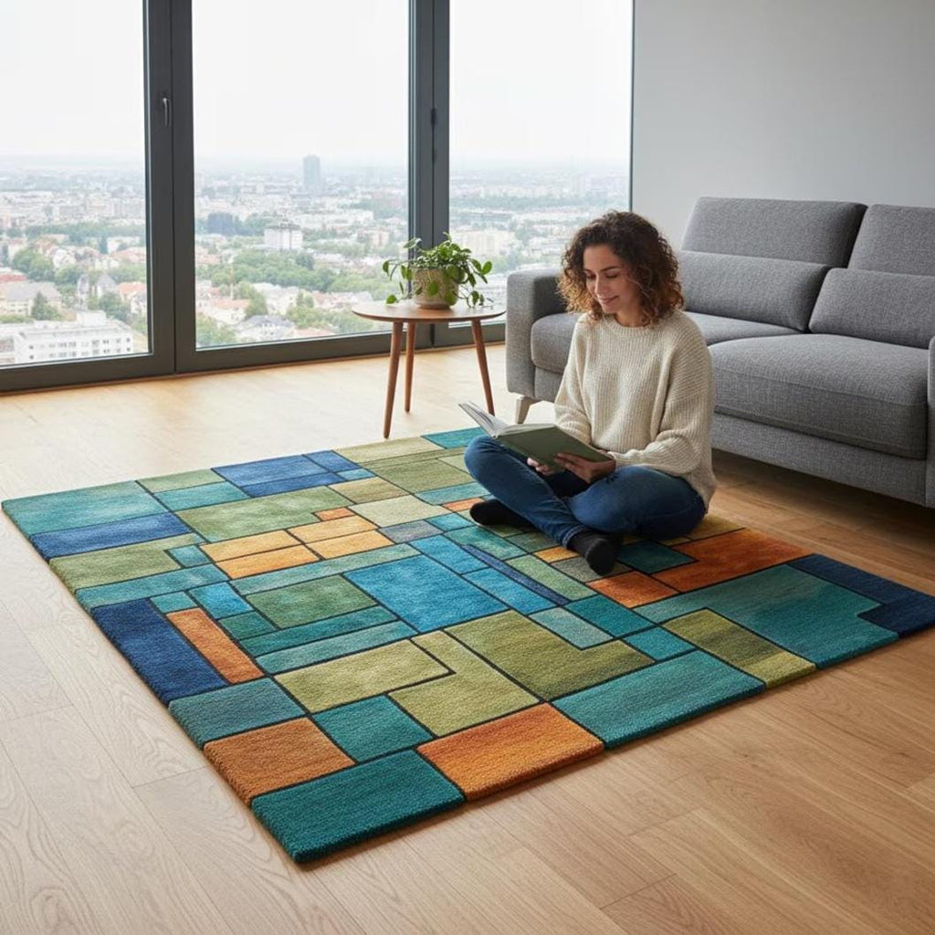 Geometric Block Rug – Teal Green Orange Modern Area Rug – Abstract Colorful Carpet Teppich