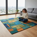 Geometric Block Rug – Teal Green Orange Modern Area Rug – Abstract Colorful Carpet Teppich