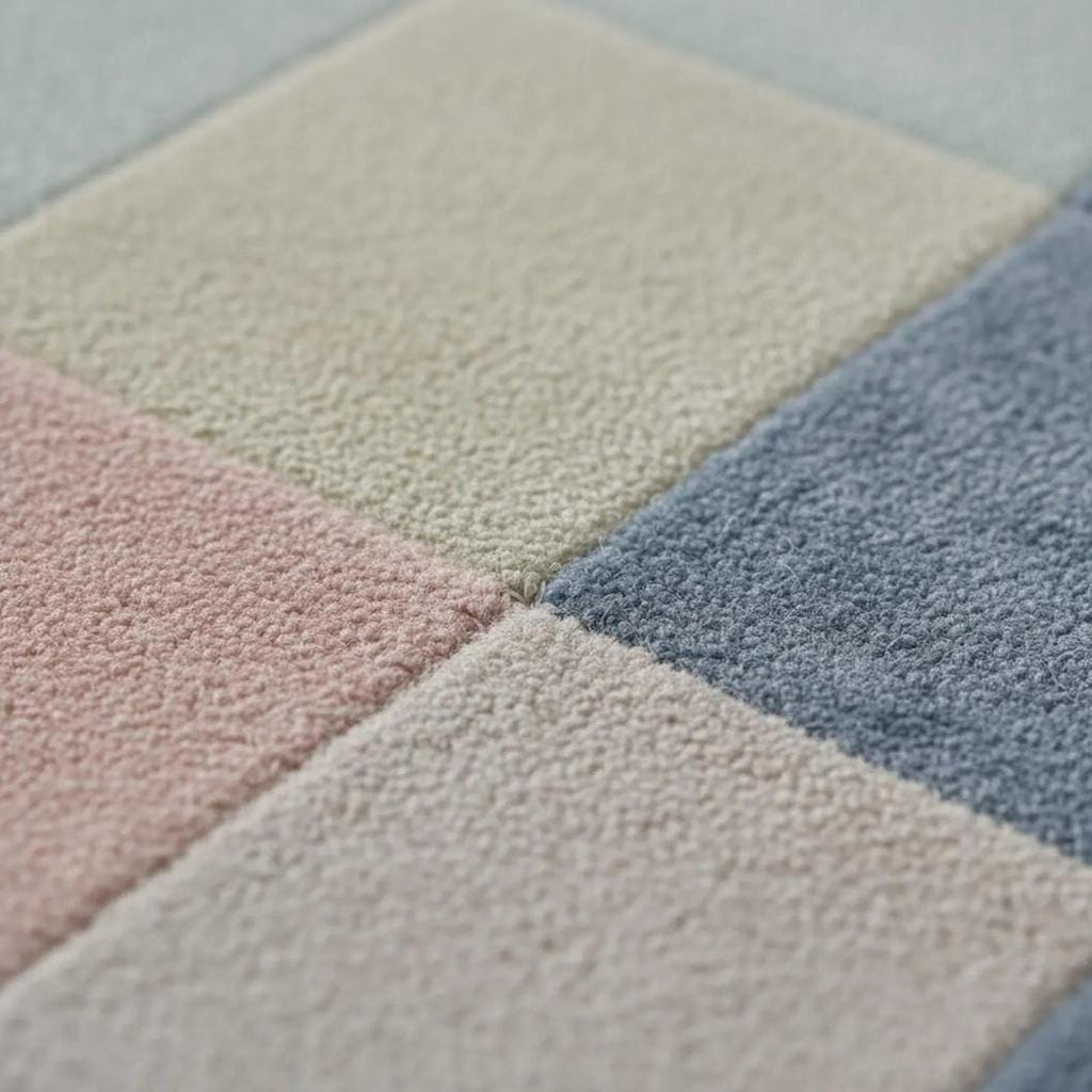 Pastel Geometric Rug: Hand-Woven Muted Color Block Plush Decor | Mid Century Wavy Abstract Rug, Retro Geometric Pattern Carpet