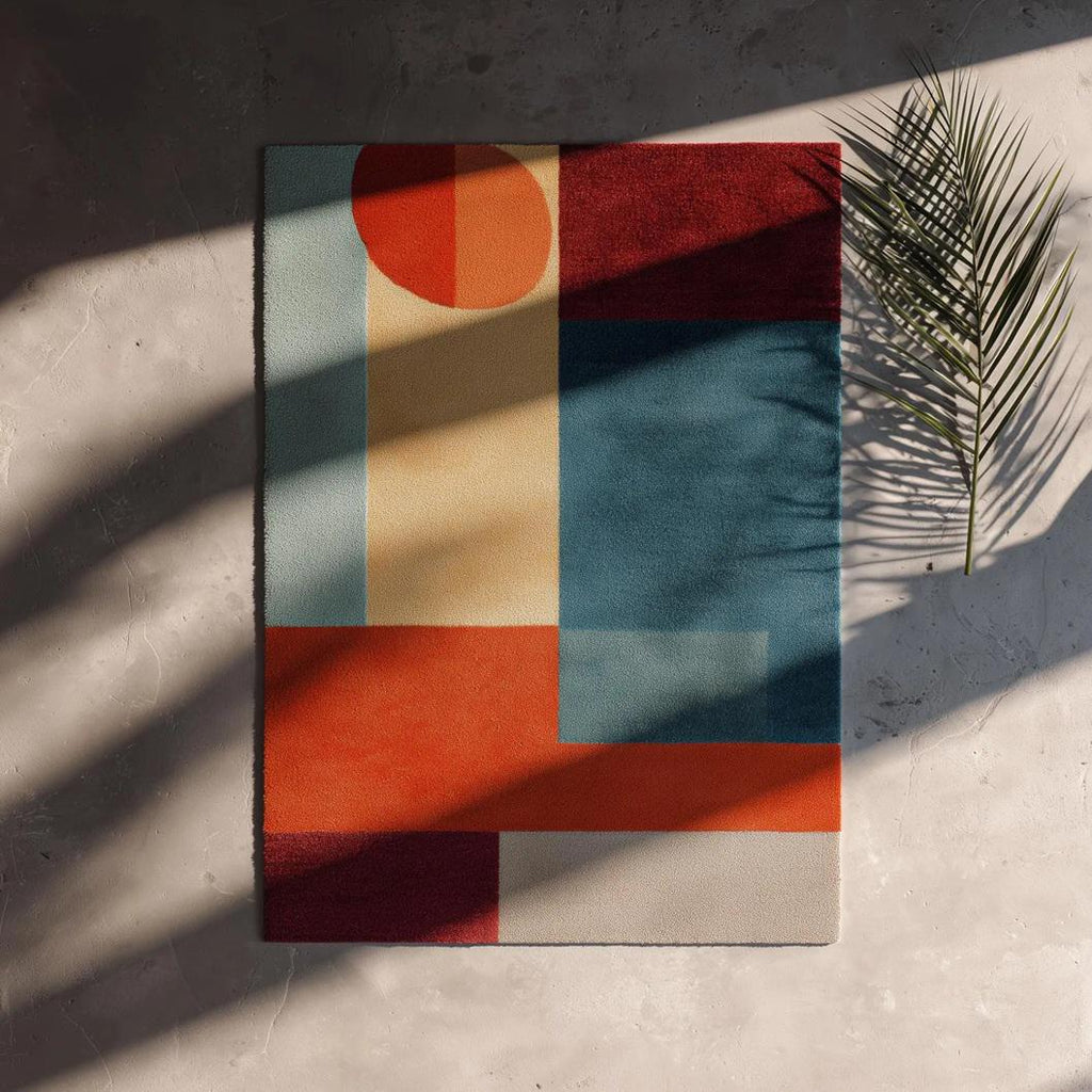 Modern Geometric Area Rug – Mid Century Abstract Carpet in Orange Rust & Beige, Living Room Accent Rug, Contemporary Color Block Floor