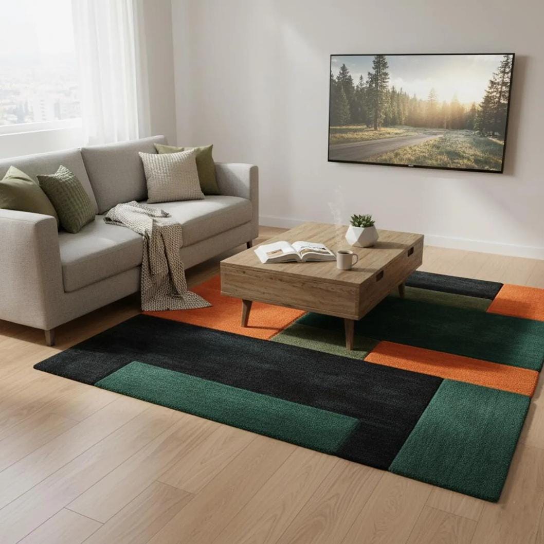 Abstract Geometric Block Rug – Teal Green Orange Modern Area Rug – Colorful Carpet Teppich