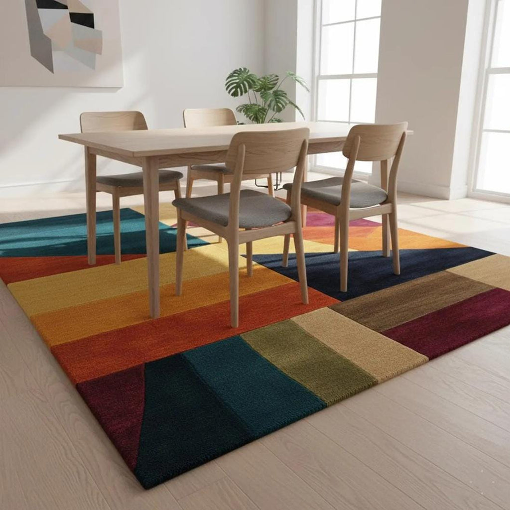Abstract Geometric Block Rug – Teal Green Orange Modern Area Rug – Colorful Carpet Teppich
