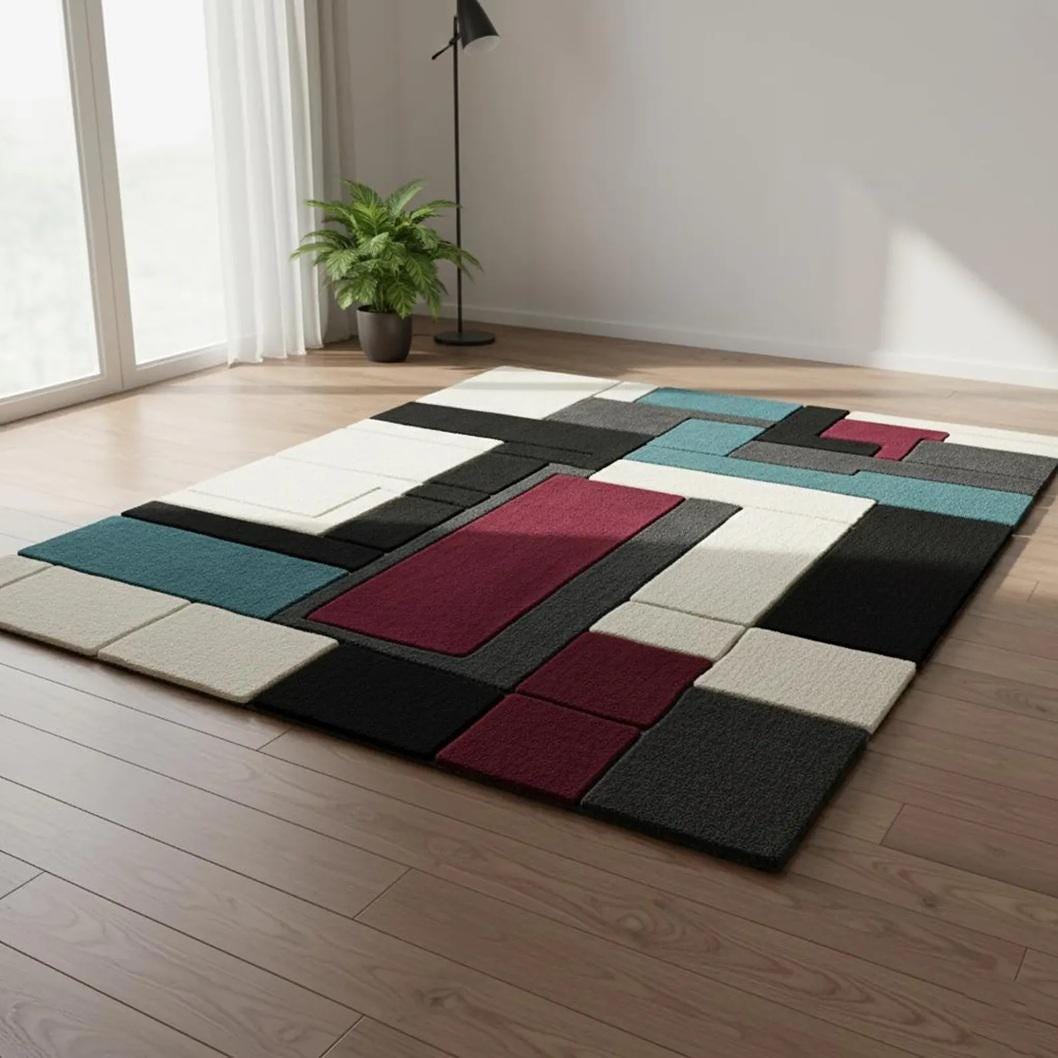 Mid Century Geometric Shag Rug Retro Brown Carpe | Designer Living Room Rug