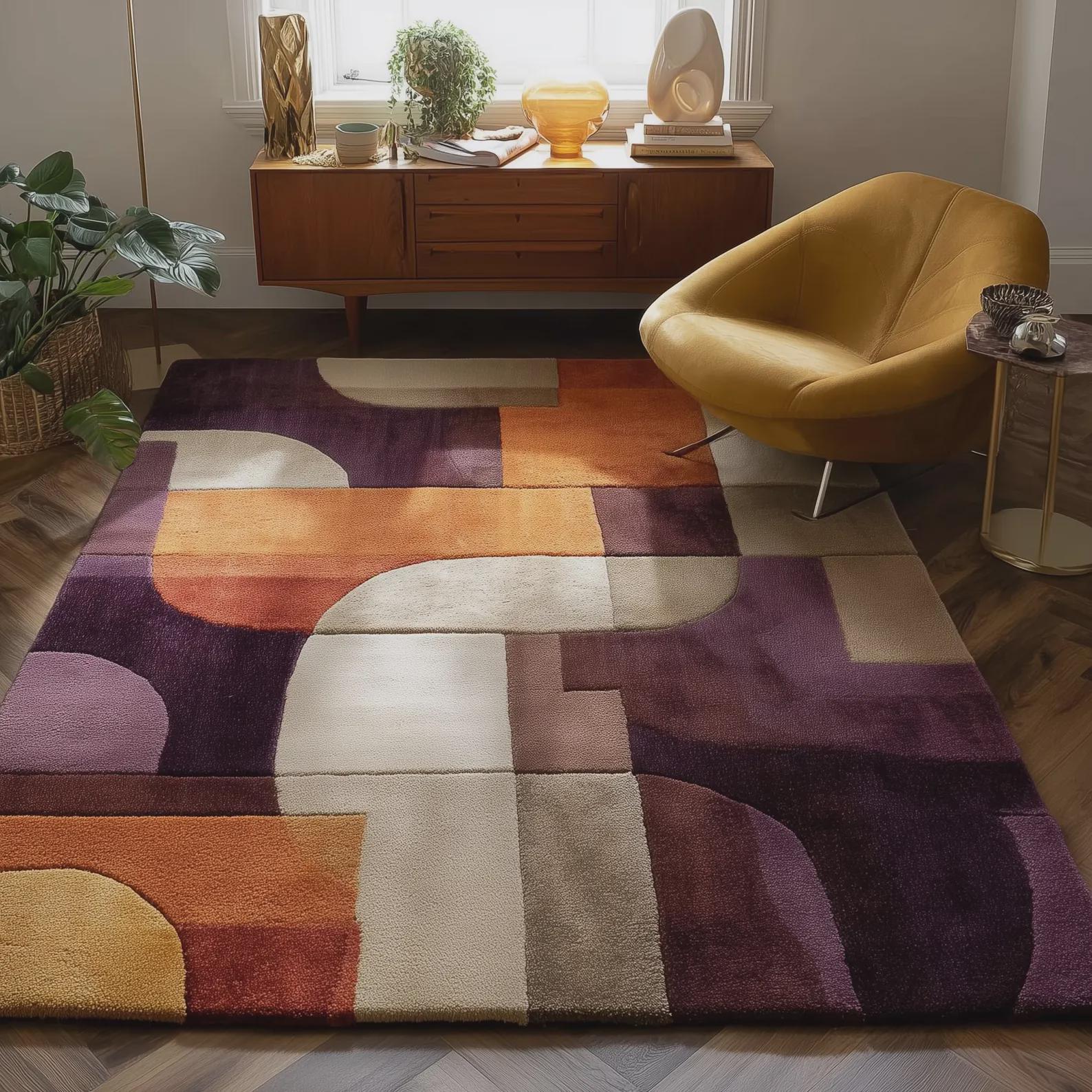 Tufted Rugs | Retro Abstract Rug – Modern Geometric Area Rugs for Living Room, Mid Century Style Carpet, Colorful Tufted Soft Floor Rugs